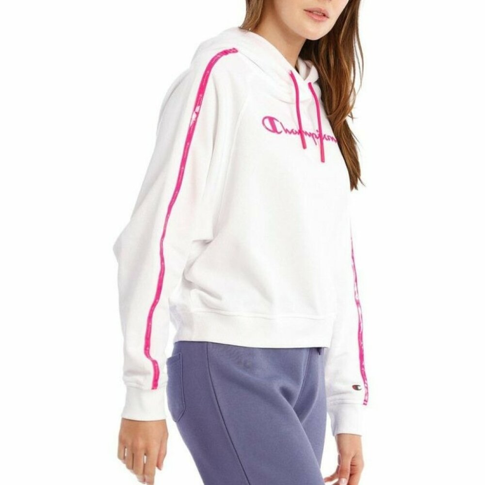 CHAMPION White Pink Stripe Tape Winter Cropped Hoodie Sweater Jumper - Picture 4 of 10